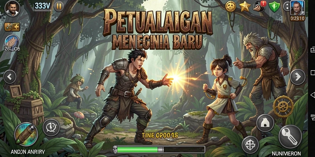 Screenshot 333V menampilkan adegan petualangan mendebarkan di dunia baru.