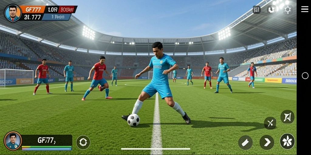 Screenshot permainan GF777 yang menunjukkan aksi dinamis di lapangan sepak bola.