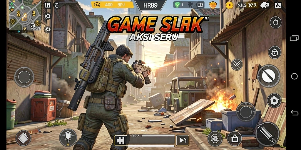 Tangkapan layar utama HR89 menampilkan aksi intens game TPS yang seru.