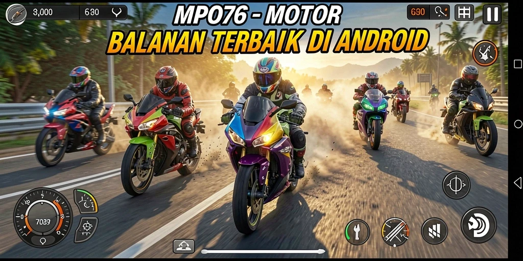 Tampilan gameplay seru dari MPO76 saat balapan motor.