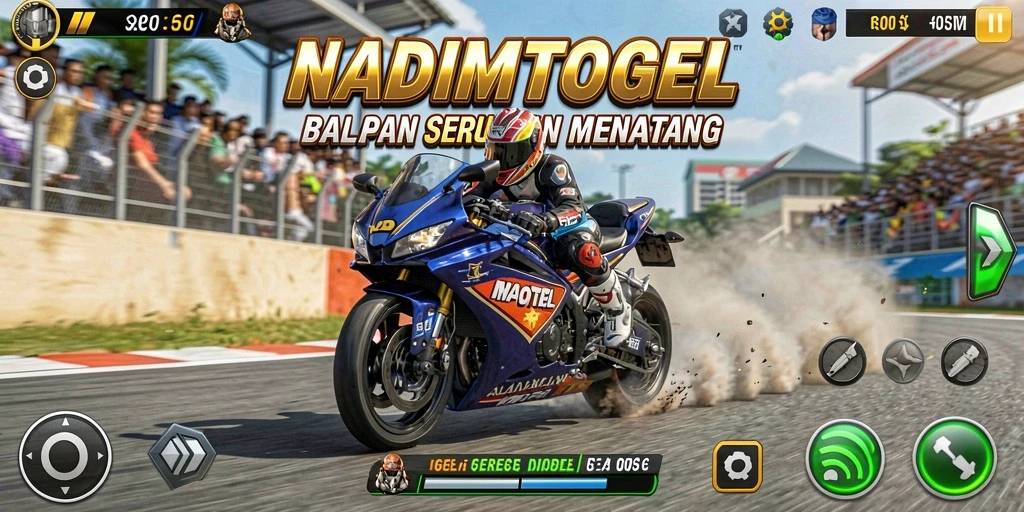 Tangkapan layar utama NADIMTOGEL menunjukkan balapan motor seru dan grafis menawan.