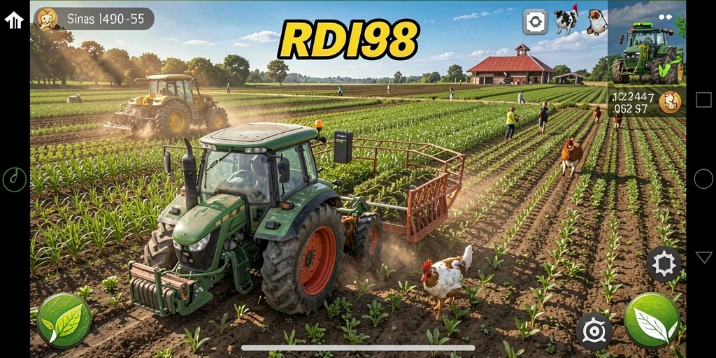 Tampilan gameplay RDI88 dengan pertanian yang subur dan hewan ternak.