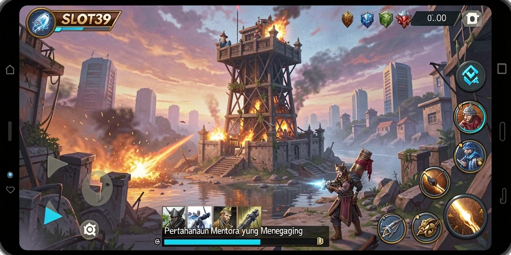 Tampilan gameplay mengasyikkan dalam permainan Tower Defense.